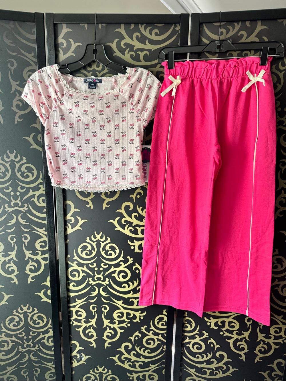 Limited Too Hot Pink Wide-Leg Skirt Pants with Cream Piping & Bows